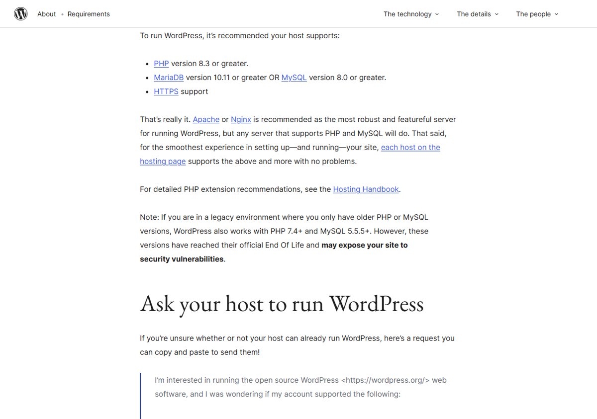 PHP 7.4 security risk noted on WordPress requirements page