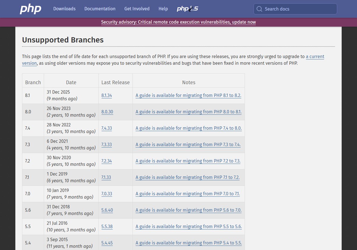 PHP 8.1, 8.0 and 7.4 security fix for CVE-2026-109618: options for end-of-life versions