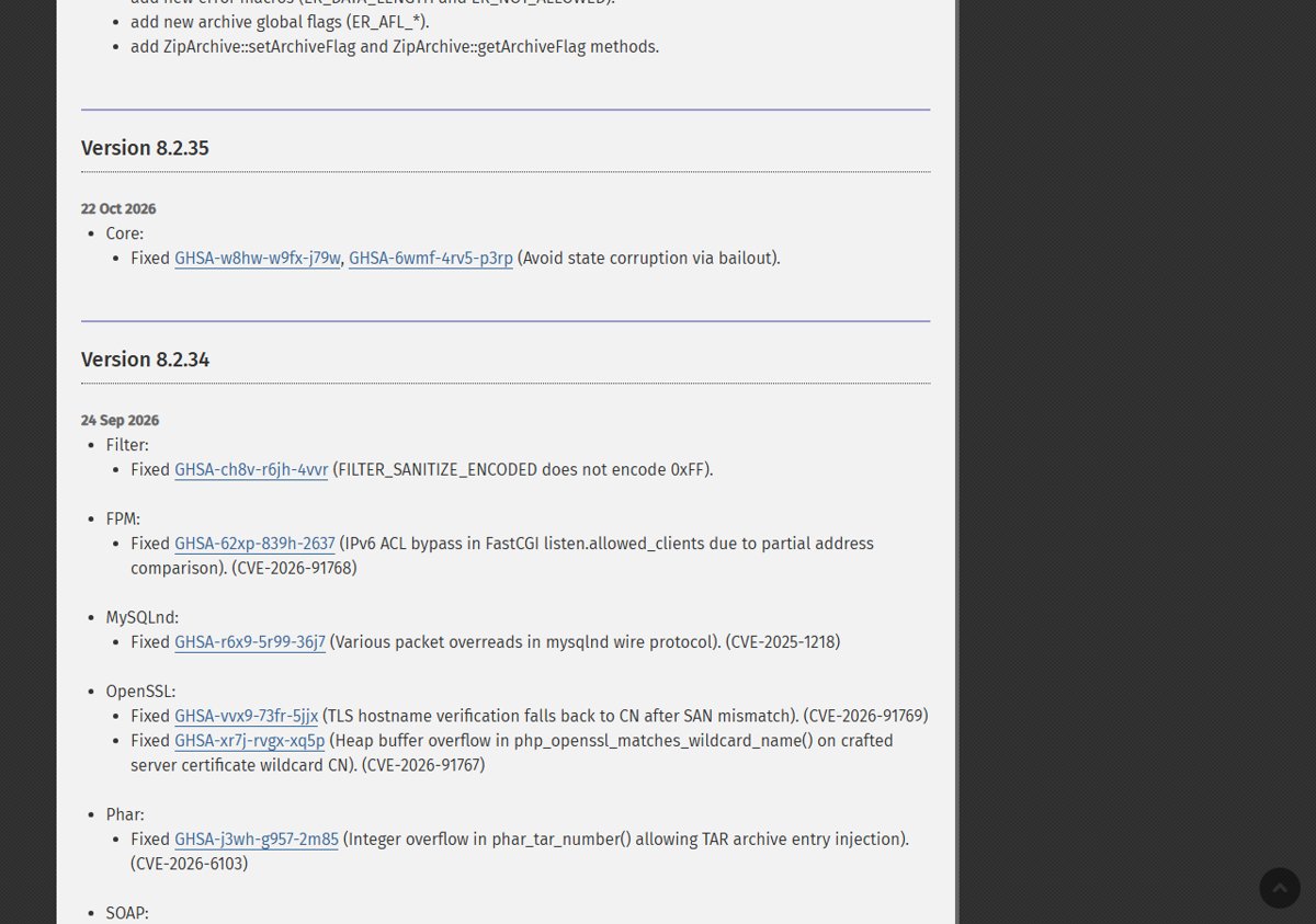 PHP 8.2.35 changelog on php.net with the two Core security fixes