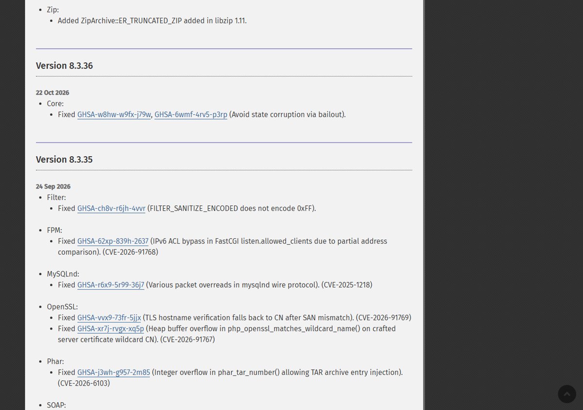 PHP 8.3.36 changelog entry listing the Core bailout state corruption fix