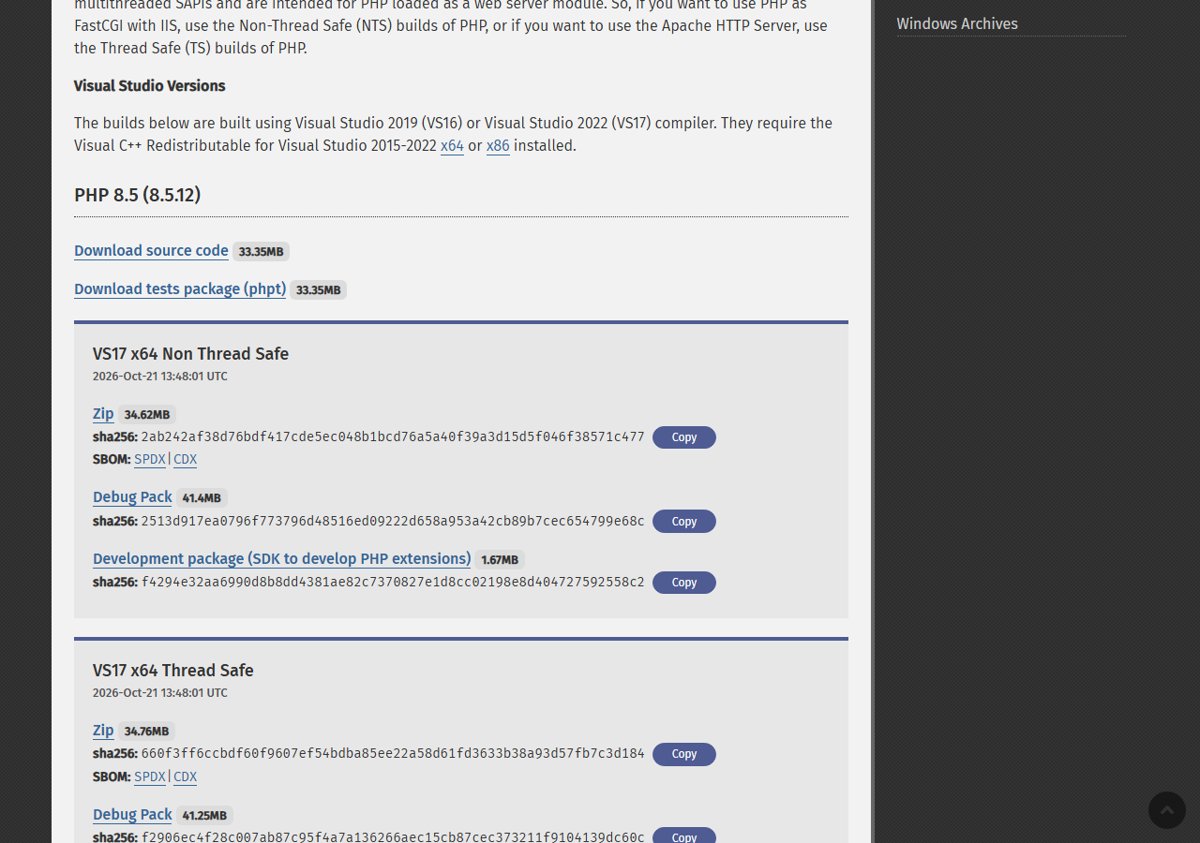 PHP 8.4.27 download builds for Windows: x64 Non Thread Safe and Thread Safe