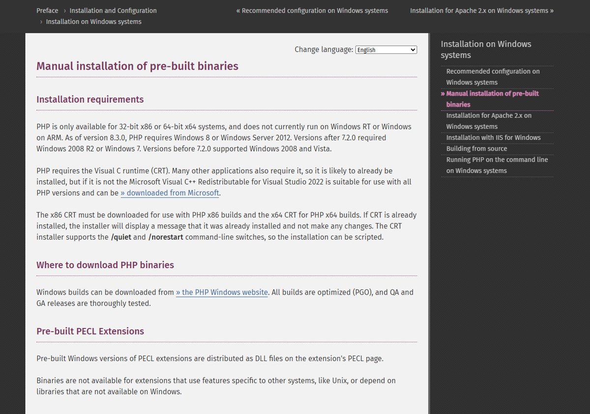 PHP 8.4.27 install on Windows: manual installation requirements in the PHP manual
