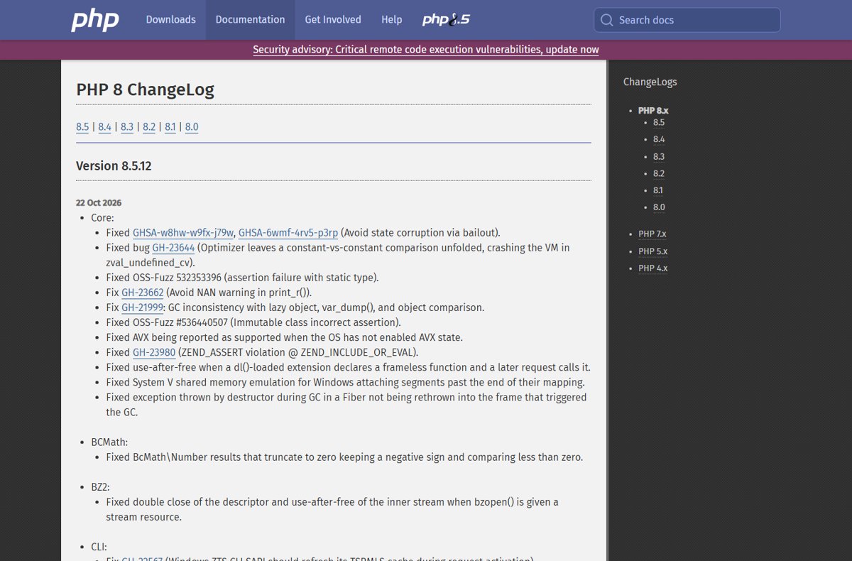 PHP 8.5.12 changelog listing Core, BCMath and BZ2 fixes