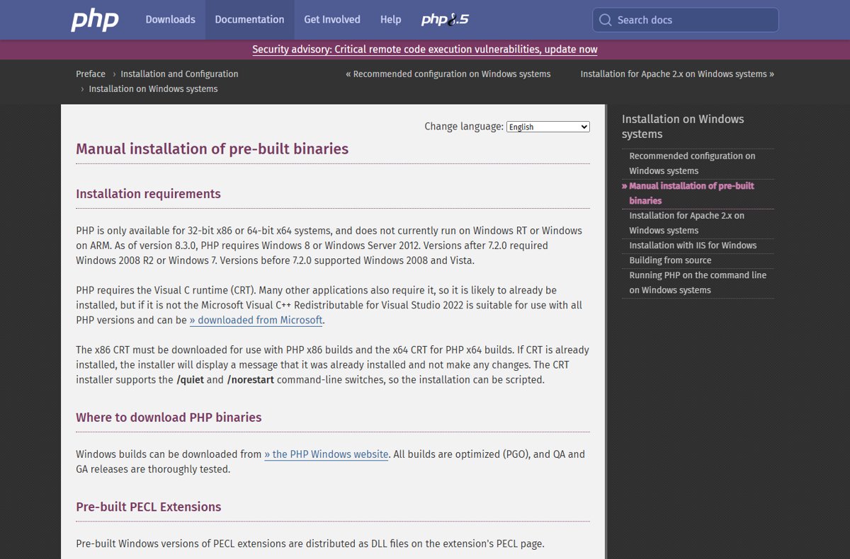 PHP 8.5.12 download requirements on Windows from the official PHP manual