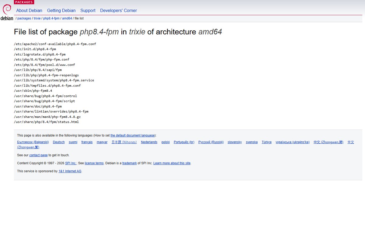 PHP FPM restart on Debian: php8.4-fpm package file list with service unit