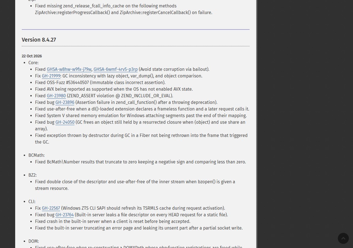 PHP security update changelog for version 8.4.27 listing both GHSA fixes