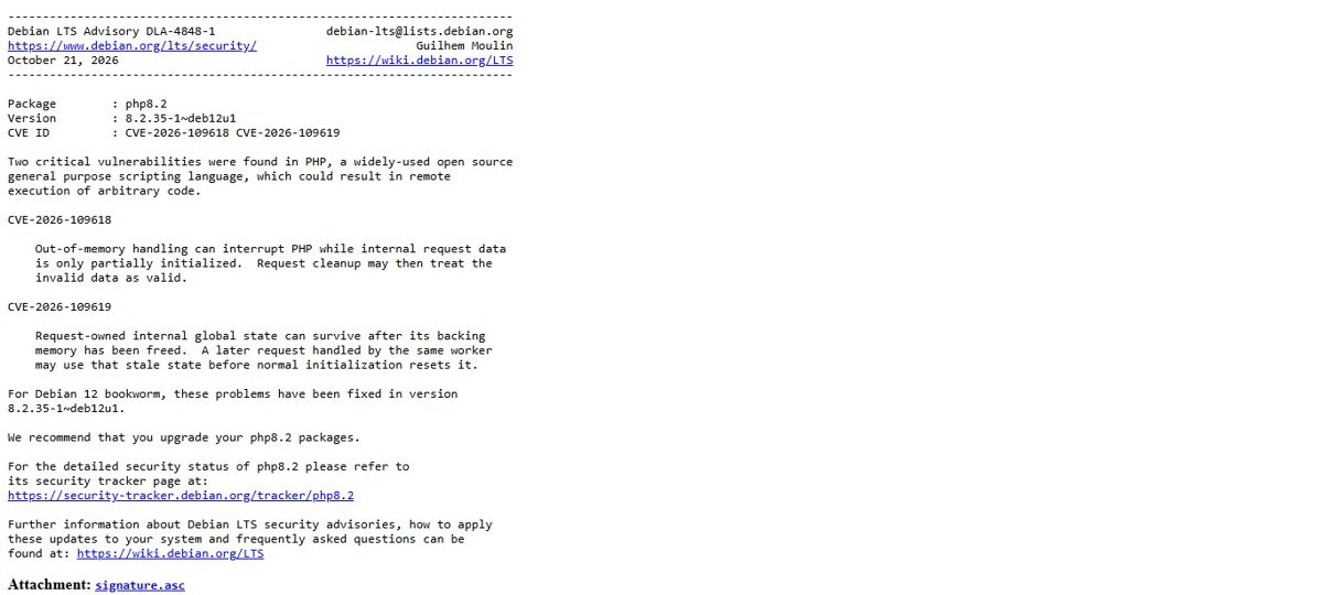 PHP2Shell Debian 12 fix: DLA-4848-1 php8.2 security update announcement