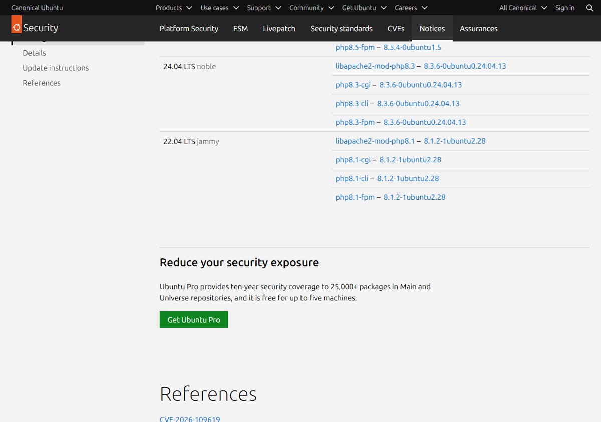 PHP2Shell Ubuntu 24.04 fixed php8.3 packages listed in USN-8948-1