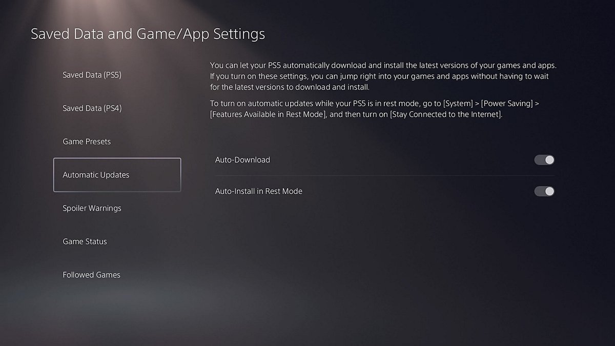 PS5 Saved Data and Game/App Settings with Automatic Updates and Auto-Download selected