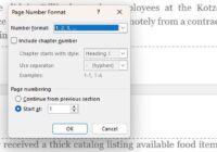 Page Number Format dialog with Start at set to 1 in a new section