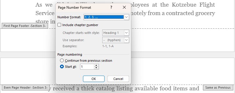 Page Number Format dialog with Start at set to 1 in a new section