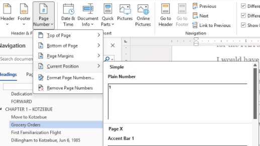Page Number menu open showing Current Position with the Plain Number style