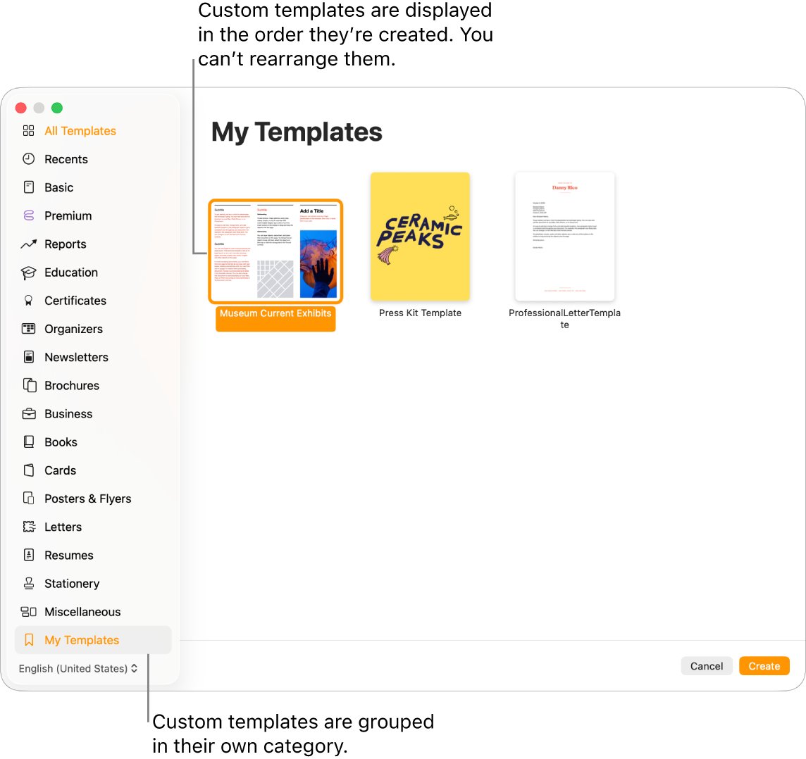 Pages label template saved under My Templates in the template chooser