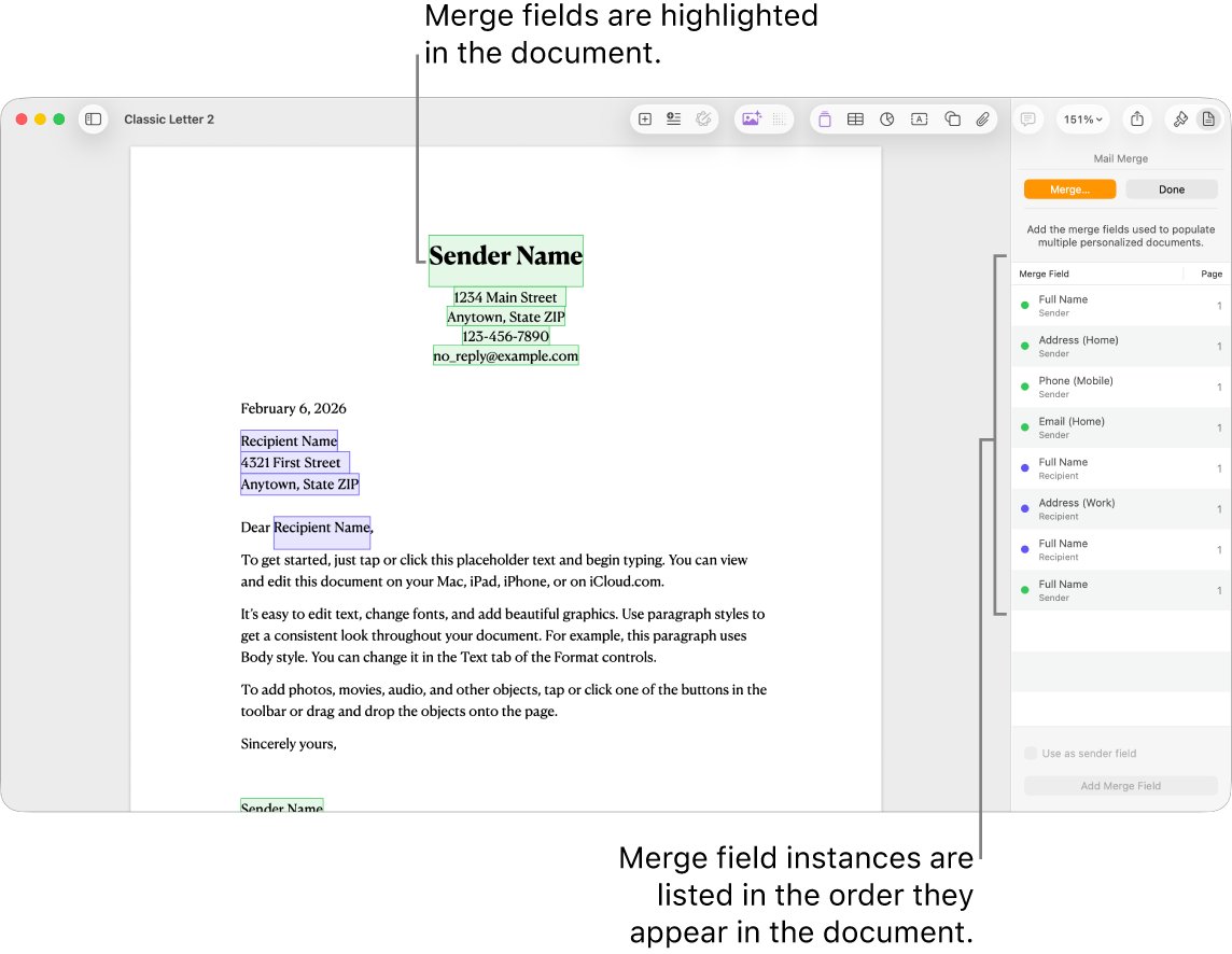 Pages mail merge for Avery name badges using a Numbers spreadsheet source