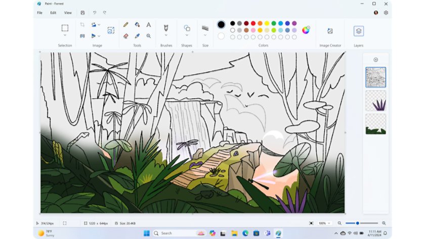 Paint Layers panel showing three stacked layers beside a forest drawing