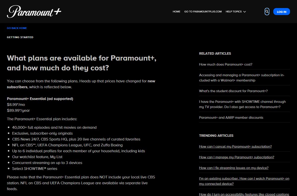 Paramount+ Help Center page listing the Essential plan price and features