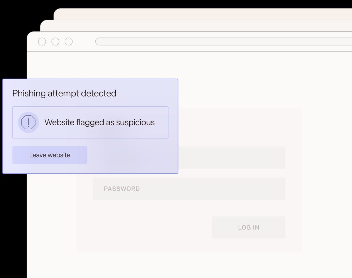 Password manager phishing warning with a Leave website button over a login page