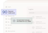 Password manager vault showing a Password Health score of 90 and a breach warning