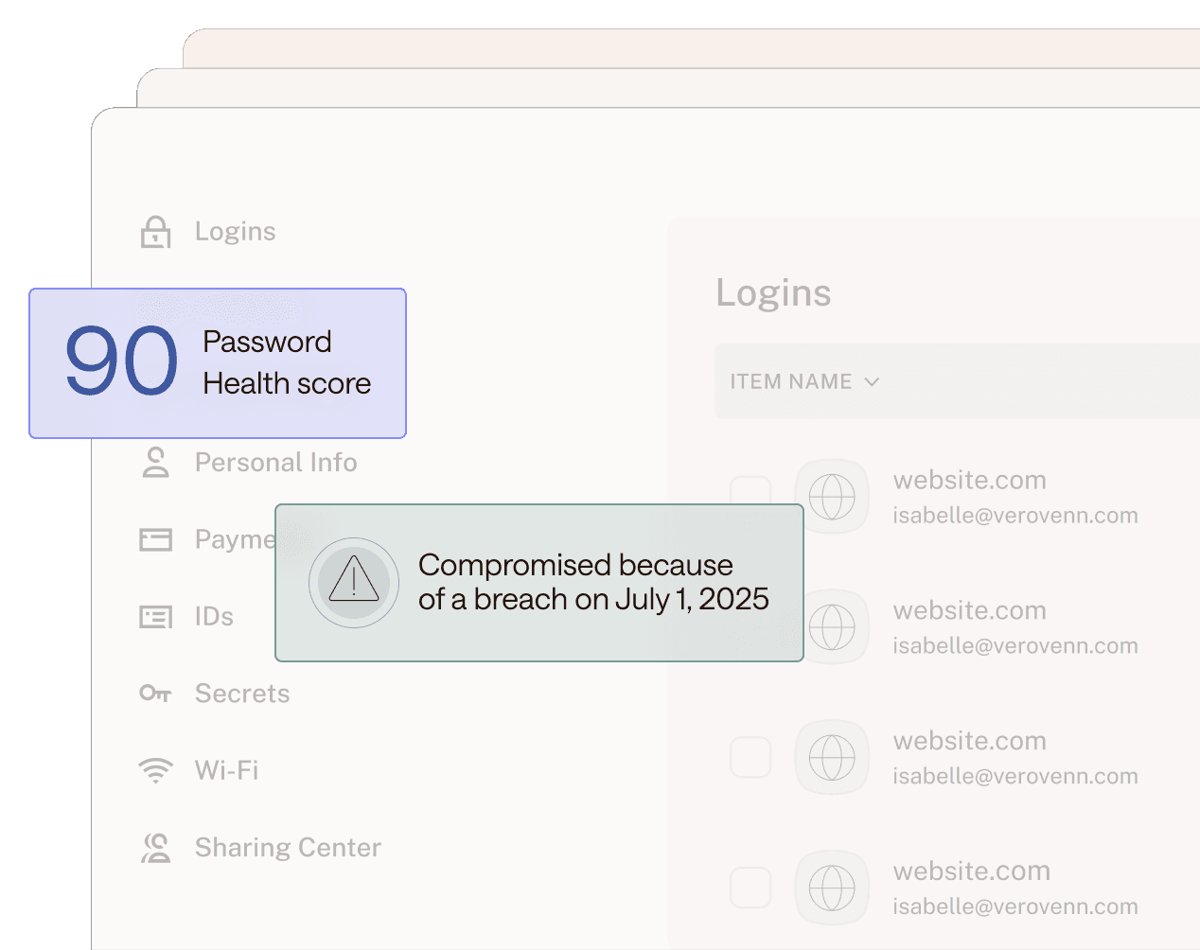 Password manager vault showing a Password Health score of 90 and a breach warning