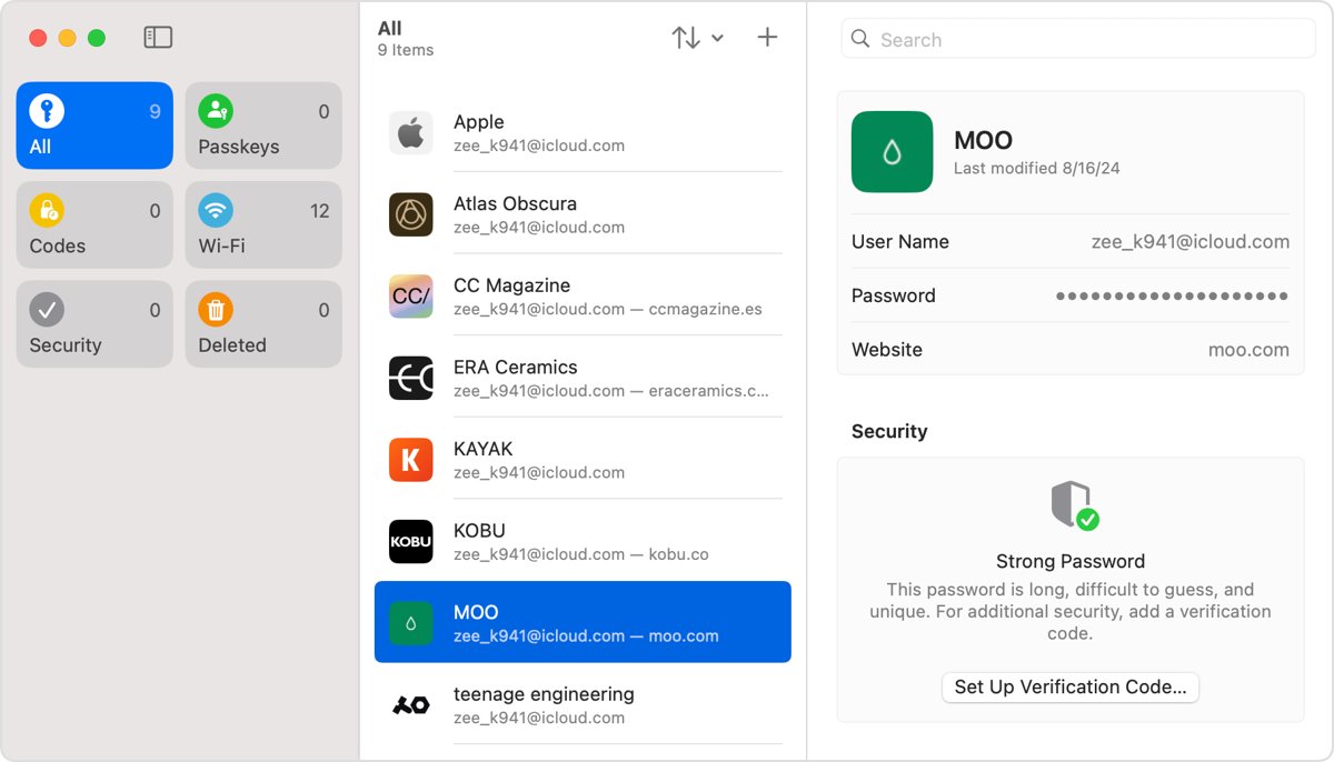 Passwords app on Mac with All, Wi-Fi and Passkeys categories