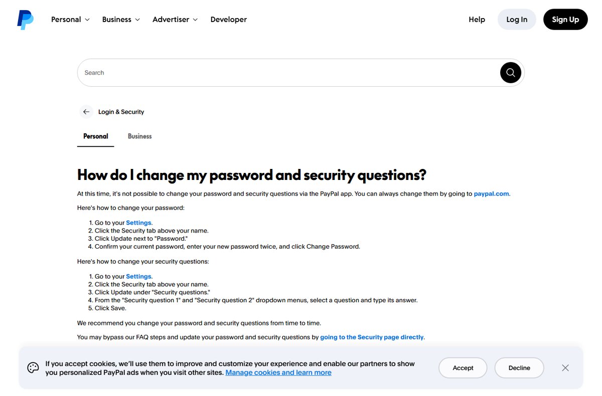 PayPal help article listing steps to change password and security questions