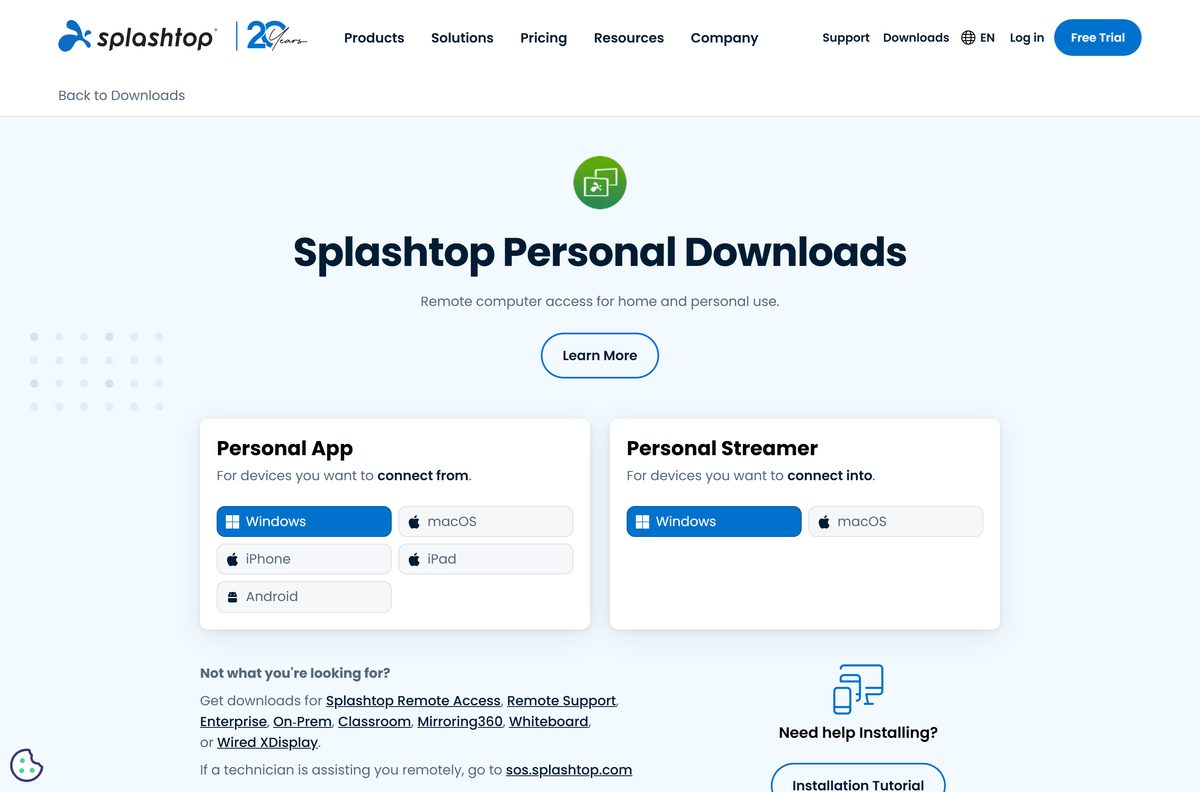 Splashtop Personal page offering Streamer links for Windows and macOS
