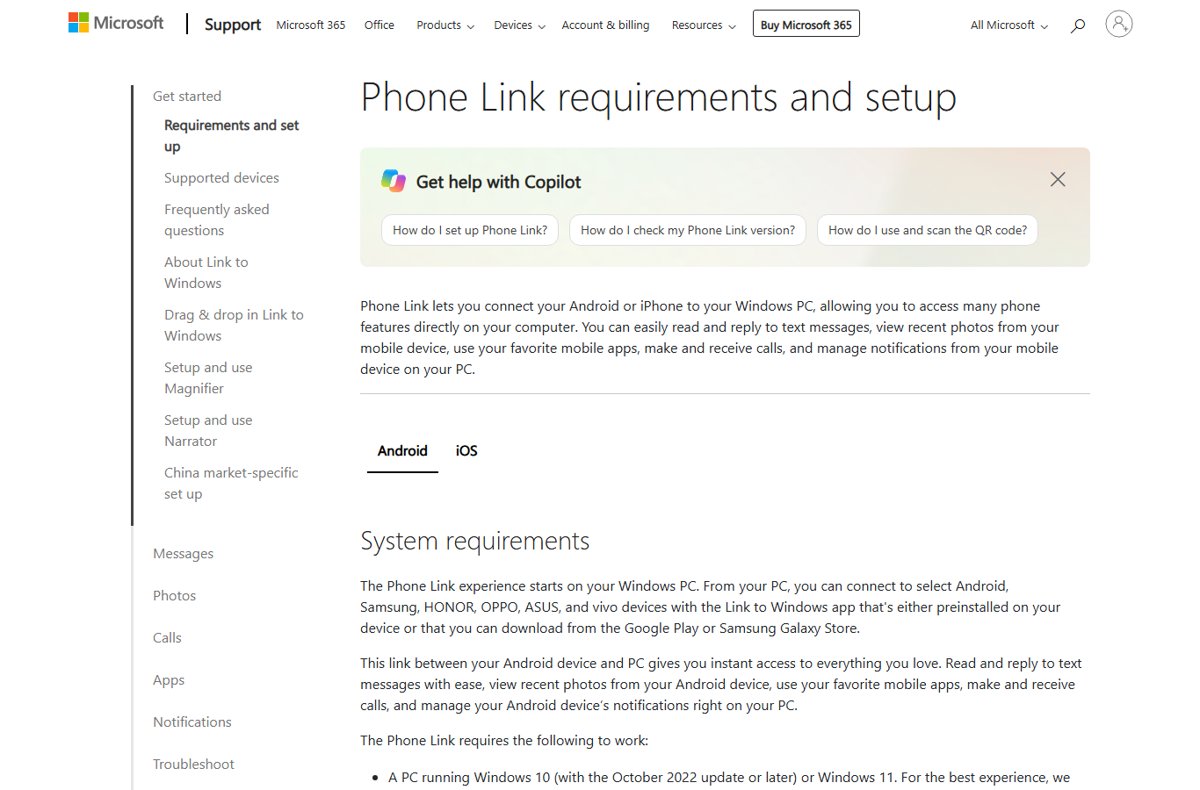 Phone Link requirements and setup page listing Android and iOS tabs