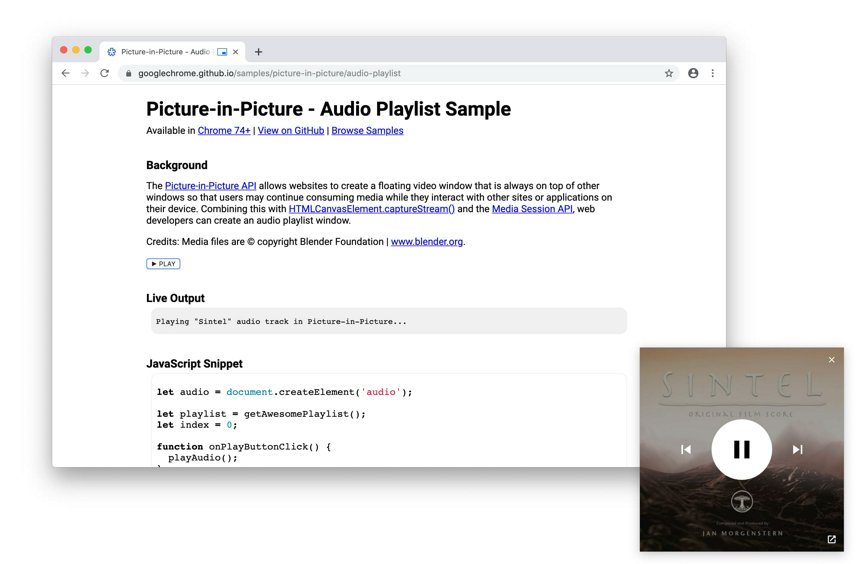 Picture in Picture on PC playing an audio playlist in a floating window