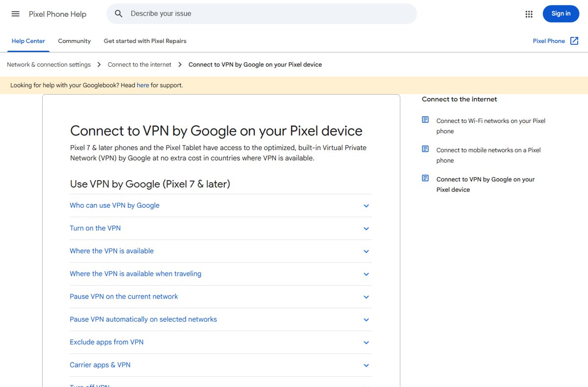 Pixel Phone Help page for connecting to VPN by Google on Pixel