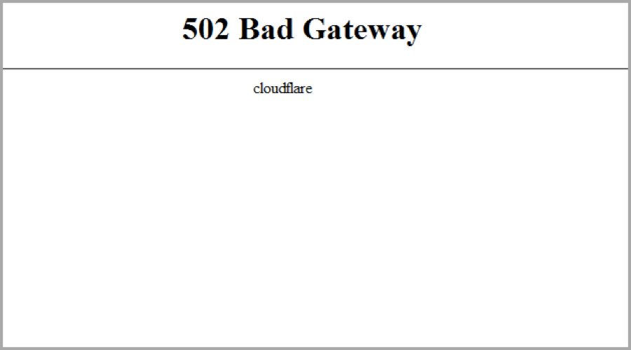Plain white error page reading 502 Bad Gateway with no Cloudflare branding