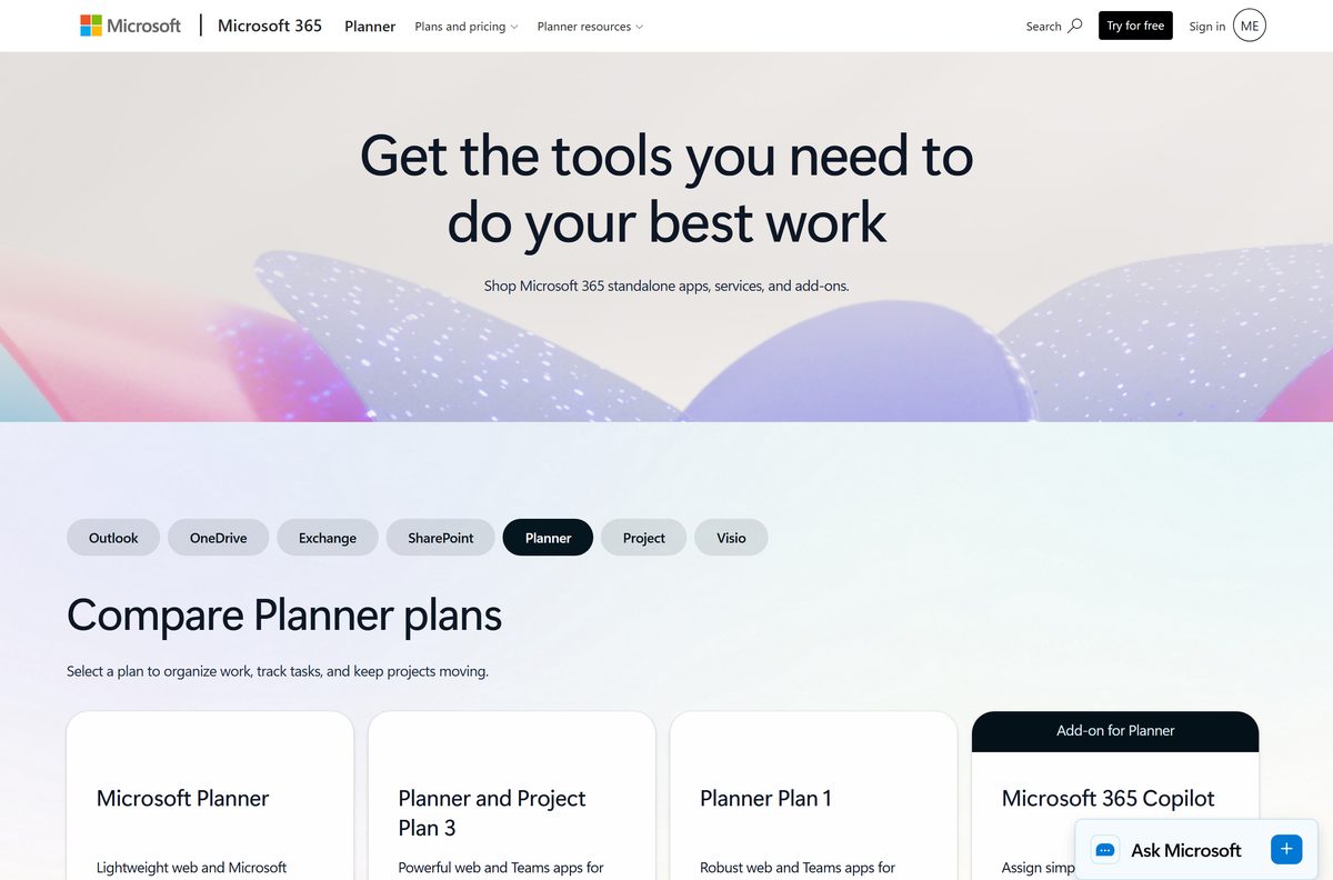 Microsoft pricing page comparing Planner Plan 1 with Plan 3