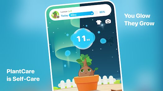 Plant Nanny screen with a potted plant character and today's water total