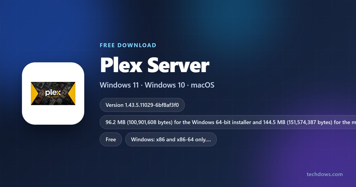 Plex Media Server card with version, licence, size and supported systems