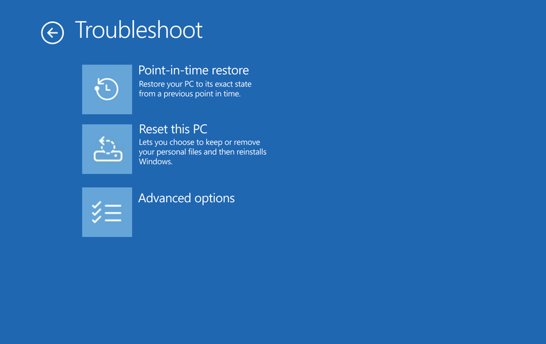 Point-in-time restore next to Reset this PC on the Windows RE Troubleshoot screen