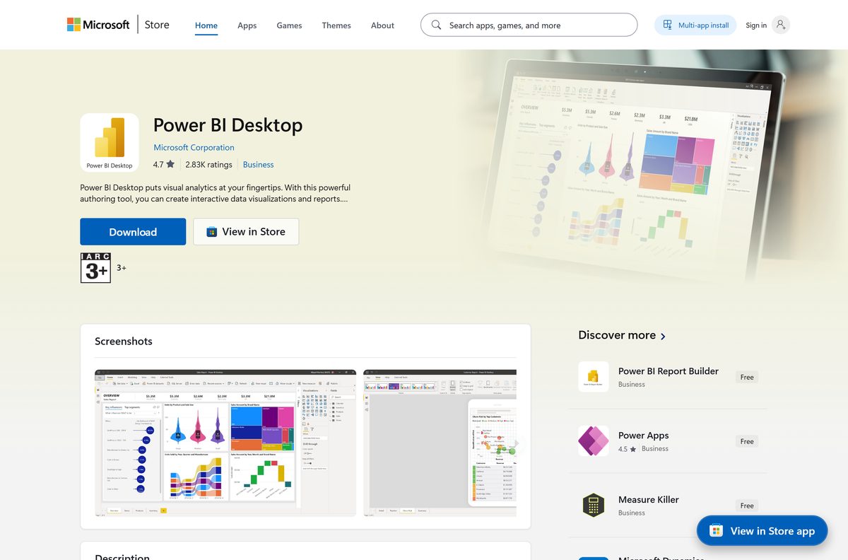 Microsoft Store listing for Power BI Desktop with its price