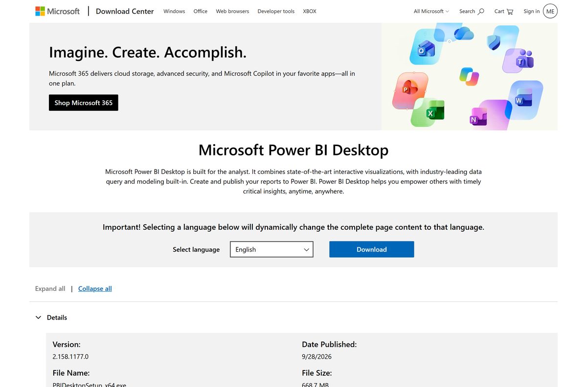 Microsoft Download Center page for Power BI Desktop with its version