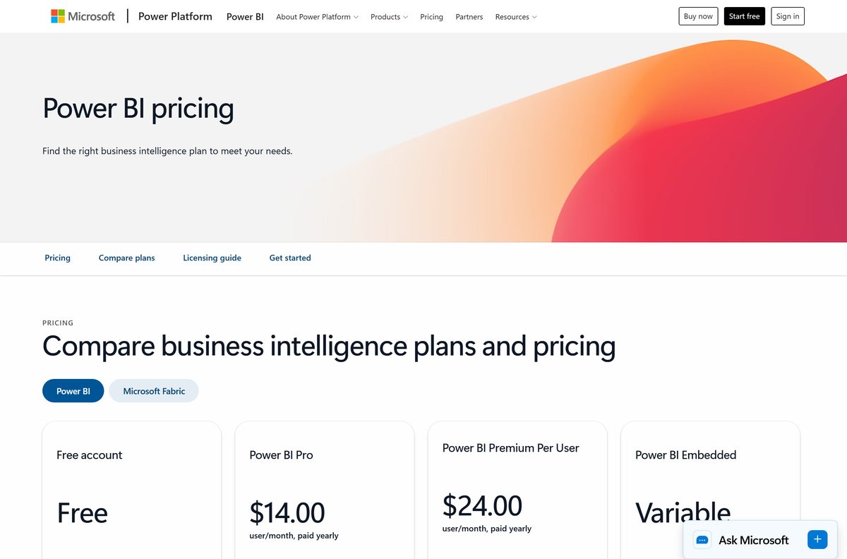 Microsoft pricing page comparing Power BI free, Pro and Premium plans