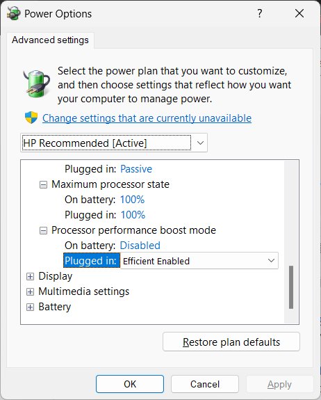 Power Options advanced settings with Maximum processor state at 100%