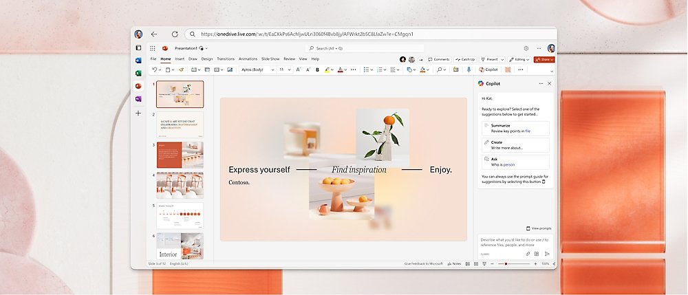 PowerPoint for the web open in a browser with slides and Copilot pane