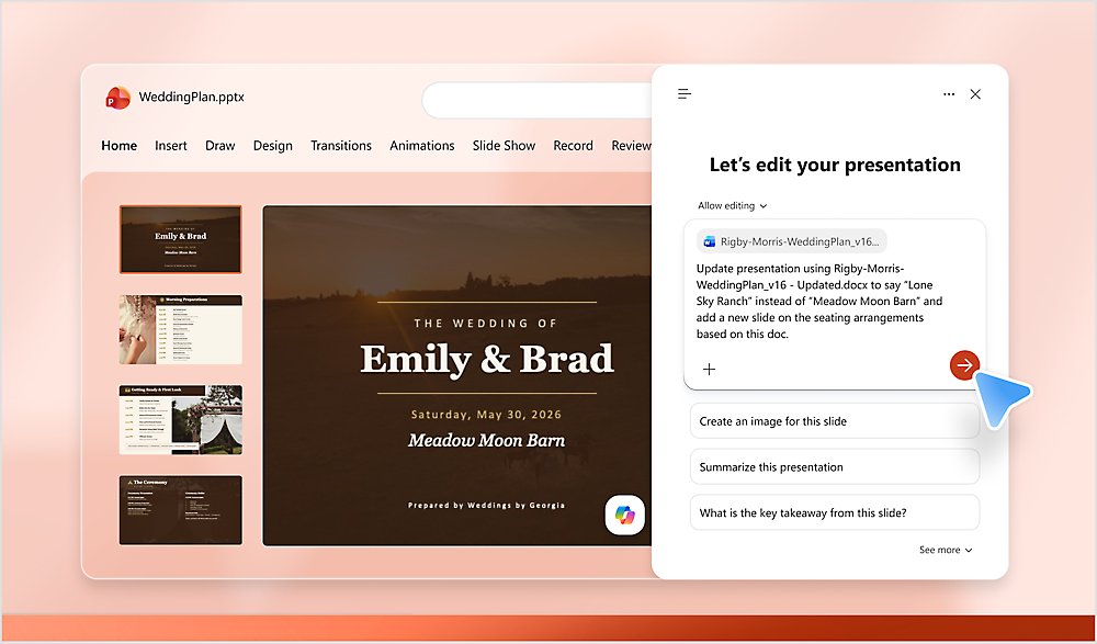 PowerPoint presentation with the Copilot pane suggesting edits to the slides