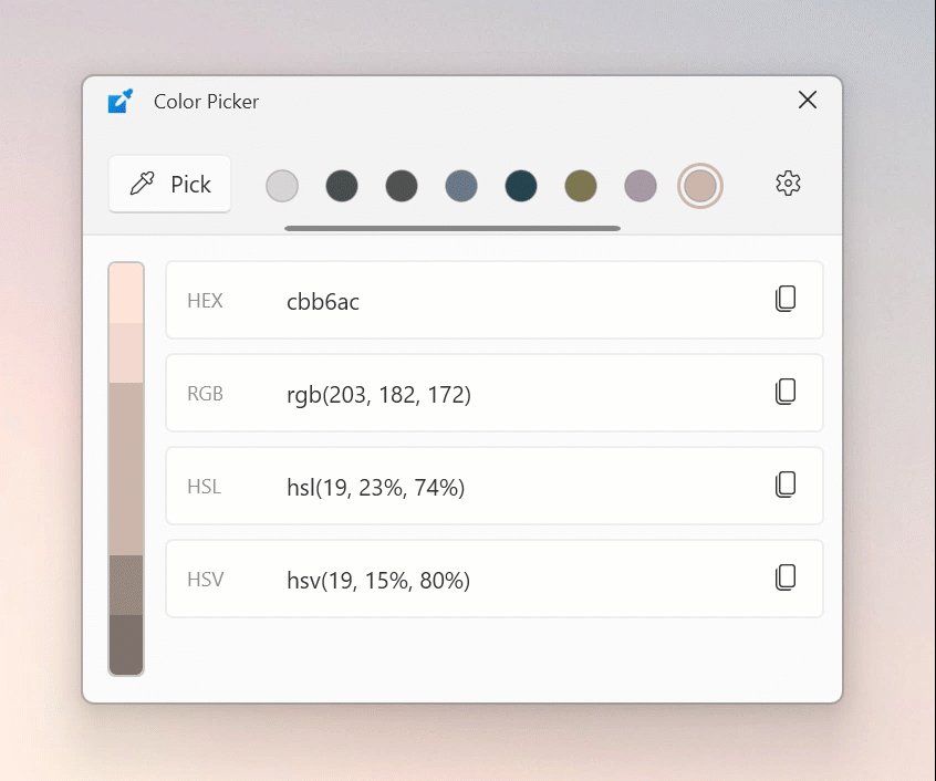 PowerToys Color Picker editor listing HEX, RGB, HSL and HSV values