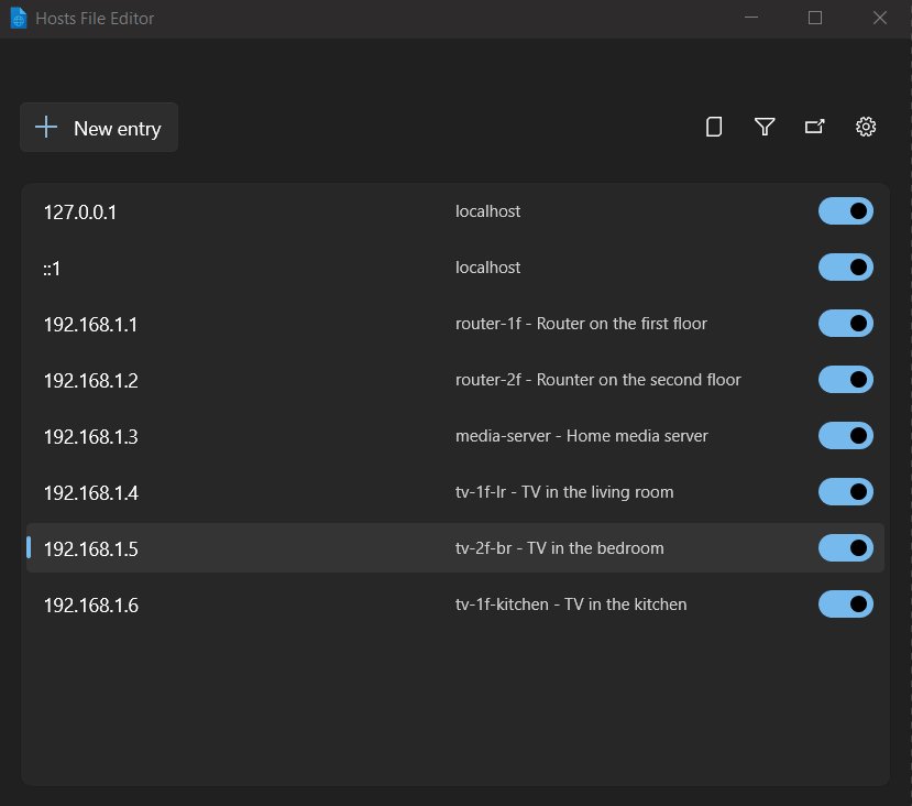 PowerToys Hosts File Editor listing IP address entries with Active toggles