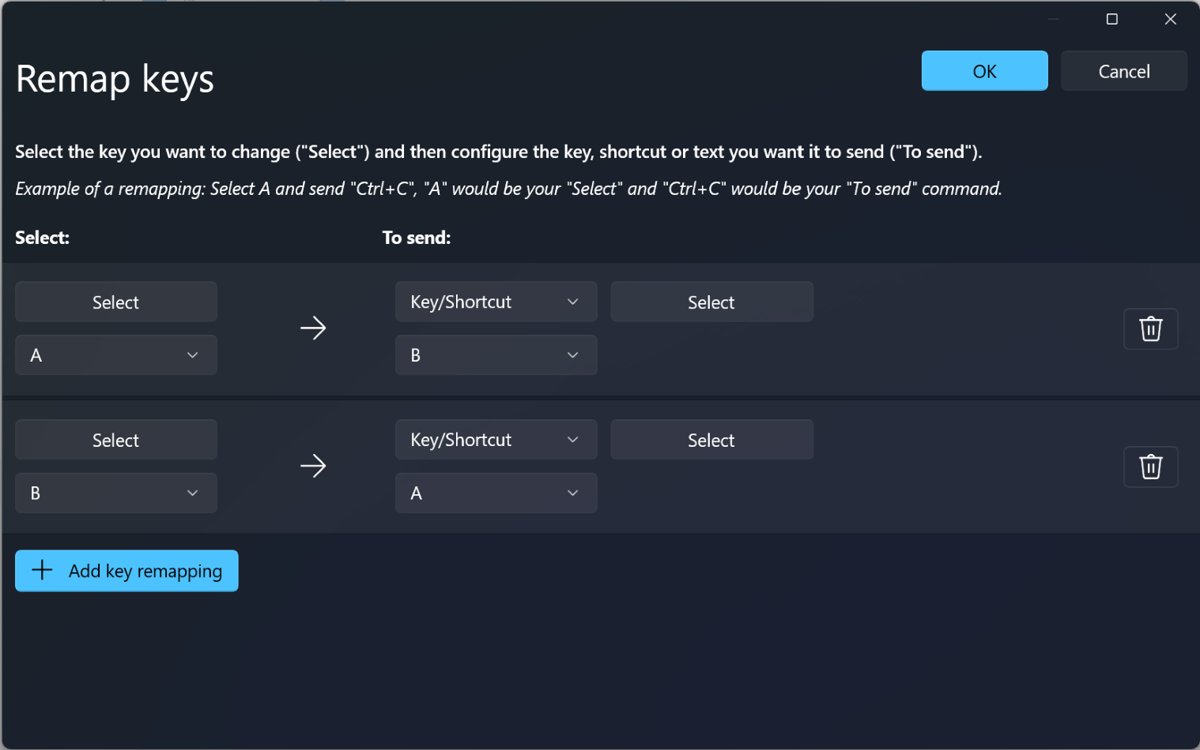 PowerToys Keyboard Manager Remap keys window with Select and To send columns