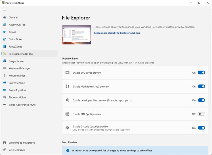 PowerToys PDF previewer toggle under File Explorer add-ons, currently off