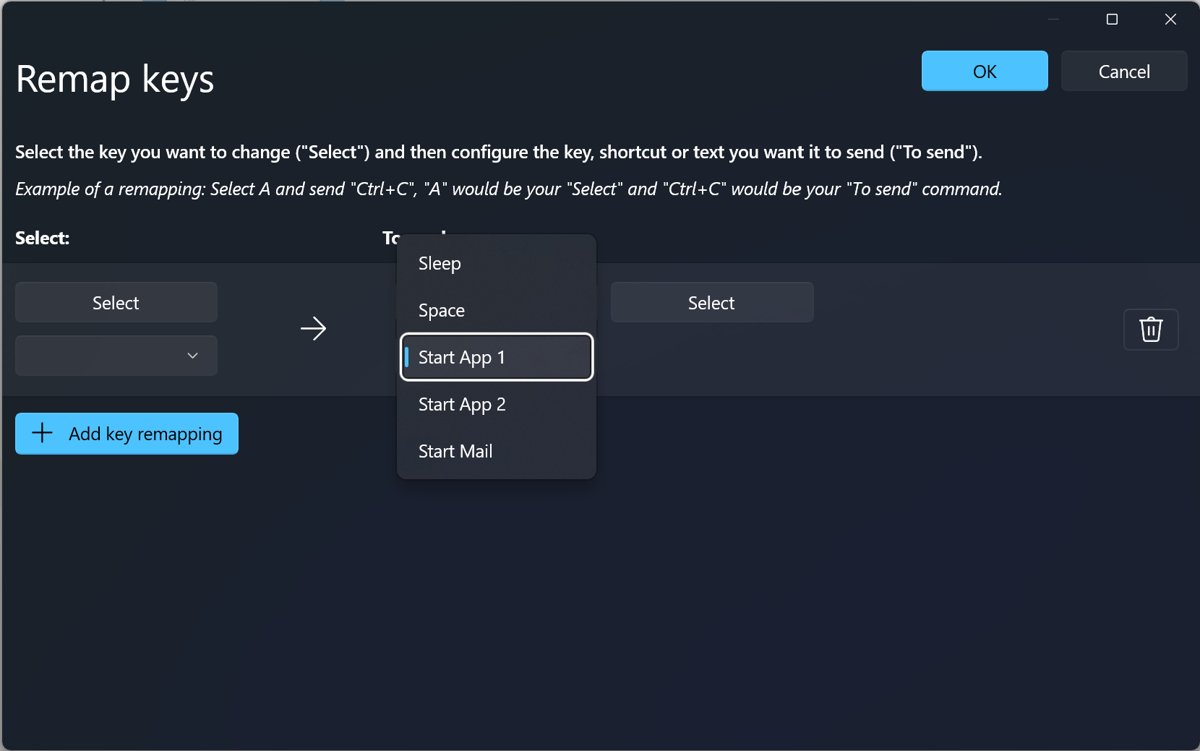 PowerToys Remap keys drop-down listing Sleep, Start App 1 and Start Mail