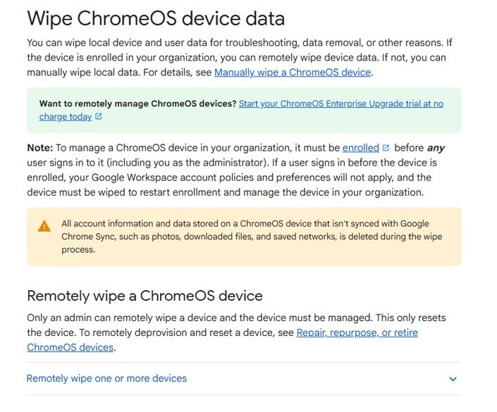 Powerwash a school or work Chromebook: admin wipe of ChromeOS device data
