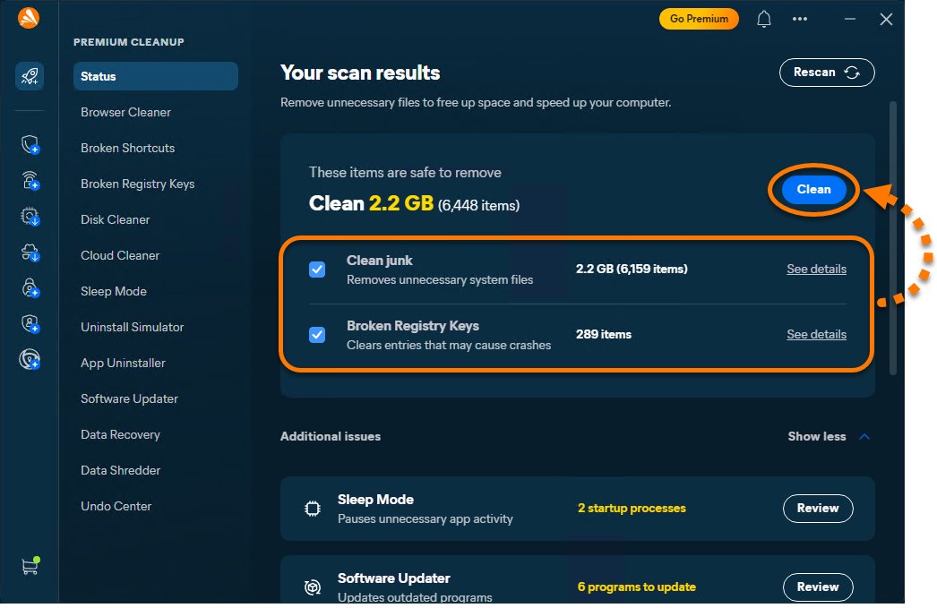Premium Cleanup scan results in Avast One with Clean junk and registry items ticked