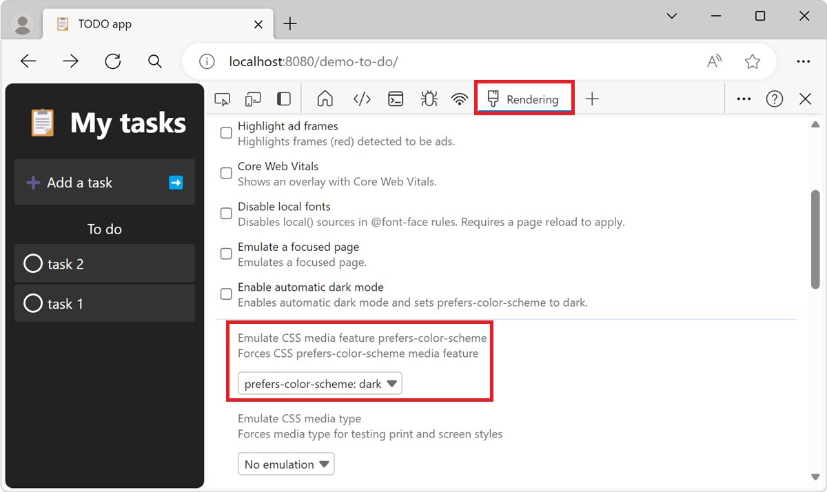 Preview a website in dark mode with the Edge DevTools Rendering tab