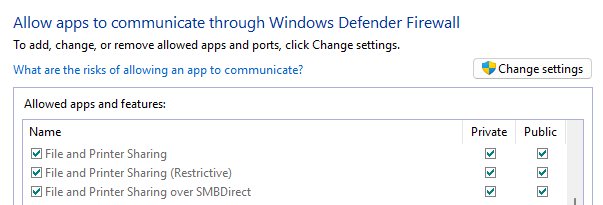 Print server troubleshooting: File and Printer Sharing allowed through Windows Defender Firewall