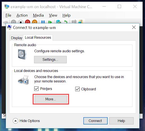 Printer not working with Hyper-V VM fixed by ticking Printers in VMConnect